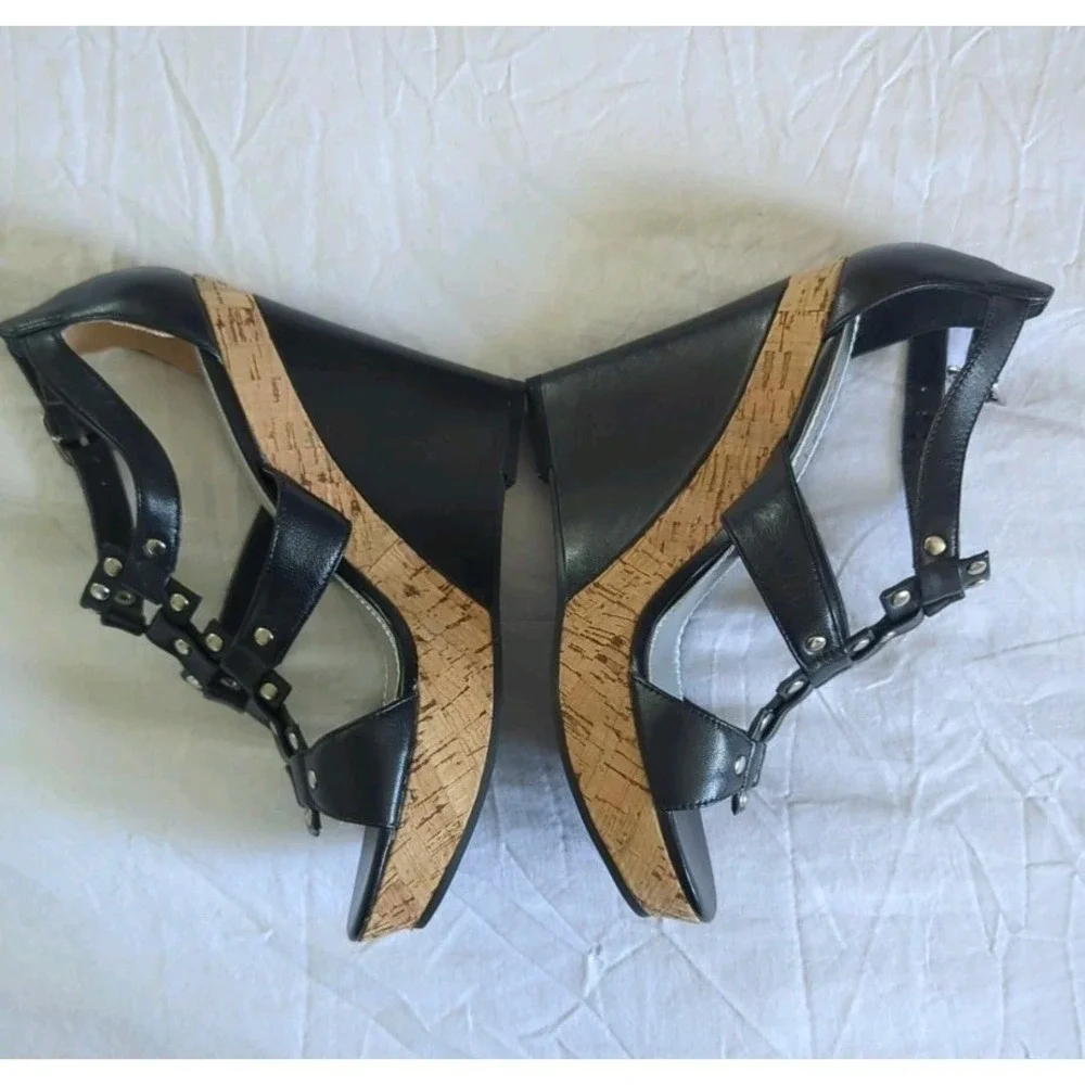 WHBM Wedge Sandals Black Leather Studded Strappy Sz 6M Edgy Goth Punk Going Out
